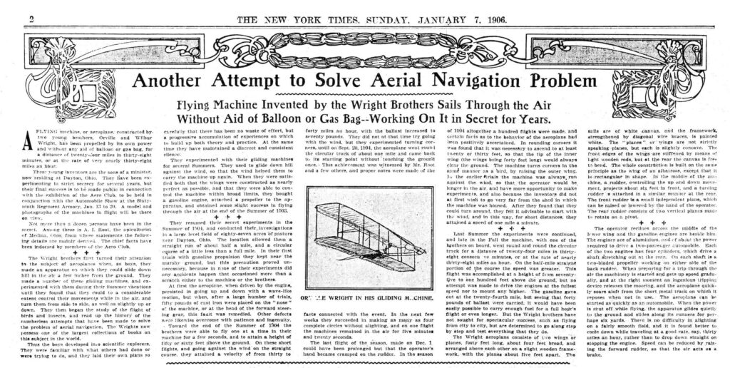 Article published in The New York Times (magazine section, January 7, 1906) describing the first few years of the Wright Brothers' development of their aeroplane design