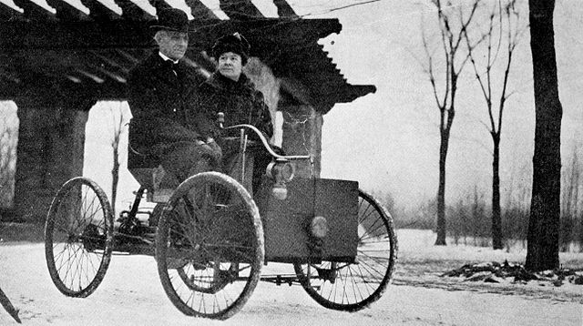 Henry and Clara Ford in his first car, the Ford Quadricycle