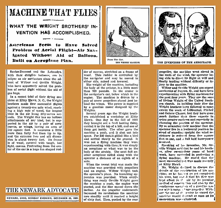 Newspaper article describing the Wright Brothers' first powered, heavier-than air flight at Kitty Hawk, North Carolina, U.S