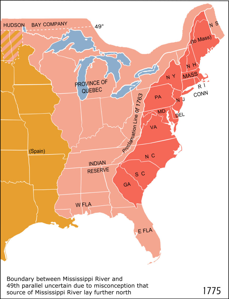 The Thirteen Colonies (shown in red) in 1775 with modern borders overlaid