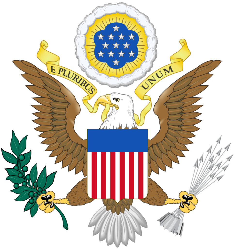 The greater coat of arms of the United States of America, as depicted on passports, embassies and the Great Seal